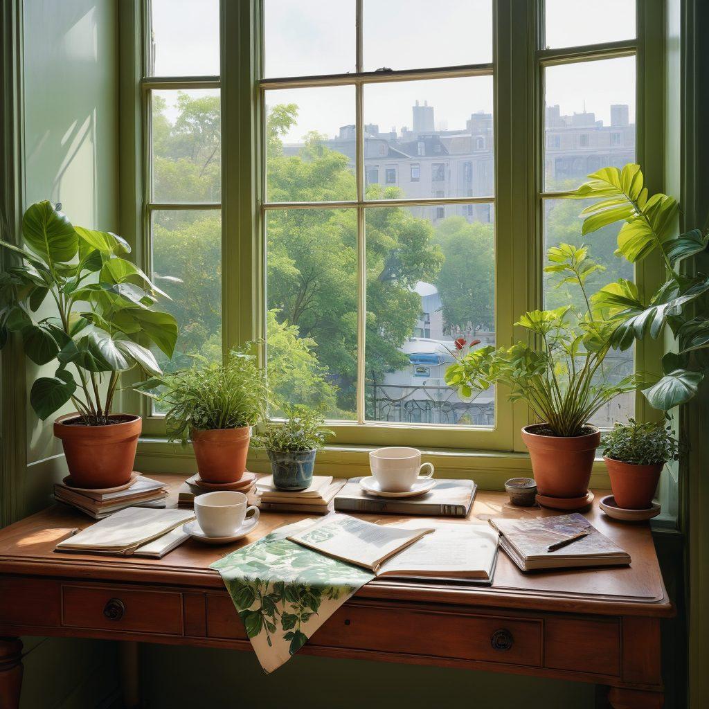 A serene writing desk adorned with colorful notebooks, a steaming cup of tea, and an open window letting in warm sunlight. Surrounding the desk are vibrant plants and artistic artwork that inspire creativity. In the background, hints of an urban landscape can be seen, representing the fusion of lifestyle and inspiration. The overall vibe should evoke a sense of peace and motivation. super-realistic. vibrant colors.