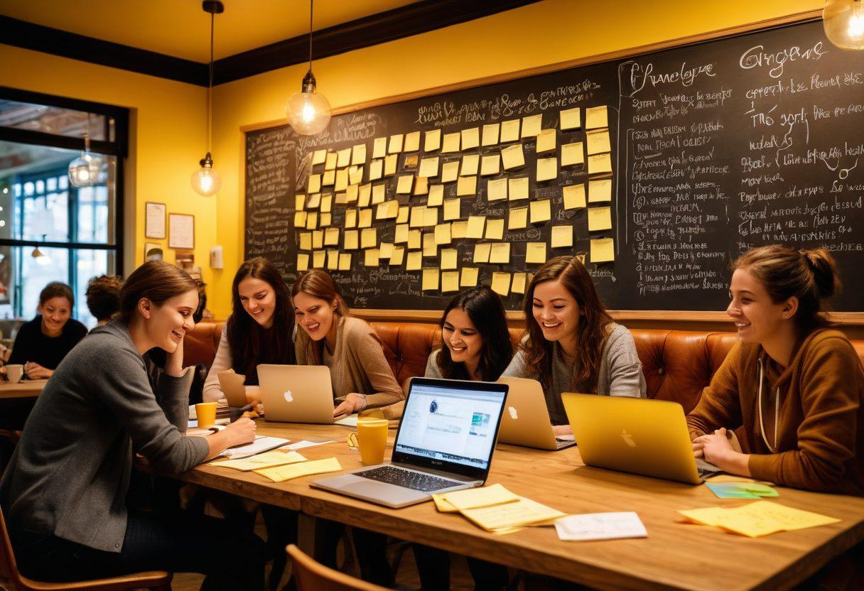 A diverse group of enthusiastic people gathered around laptops and notebooks in a cozy coffee shop, sharing stories and ideas. Include warm lighting, colorful sticky notes on the tables, and a chalkboard in the background with motivational quotes about blogging. Emphasize a sense of community and creativity. vibrant colors. warm tones. super-realistic.
