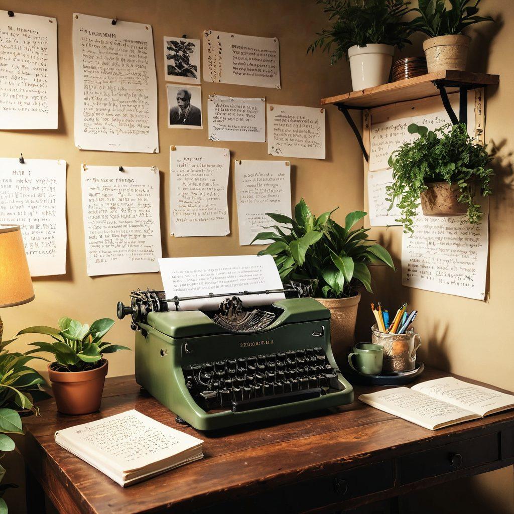 A cozy workspace with a soft, inviting aesthetic showcasing a vintage typewriter, scattered notes, and a steaming cup of tea beside an open journal filled with handwritten ideas. A background filled with lush plants and warm, golden light pouring through a window adds charm. Include hints of creative elements like colorful pens and inspirational quotes on the walls to inspire engaging content creation. super-realistic. warm colors. soft lighting.